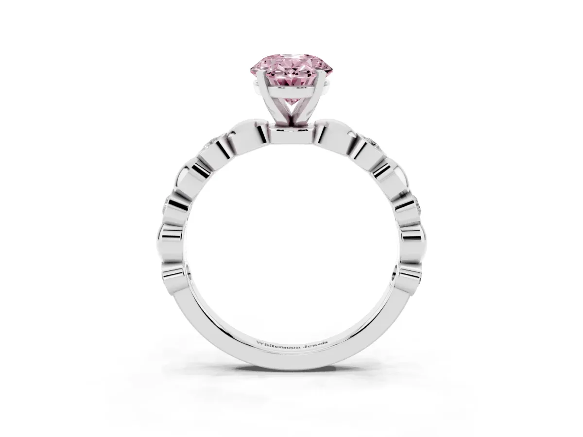 Fancy Pink Oval Cut Solitaire Bezel-Set Diamond Ring with Beaded Band and Four-Prong Setting Silver