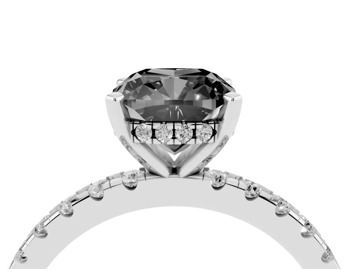 Fancy Black Cushion Cut Diamond Solitaire Ring with Round Pavé Band and Four-Prong Setting Silver