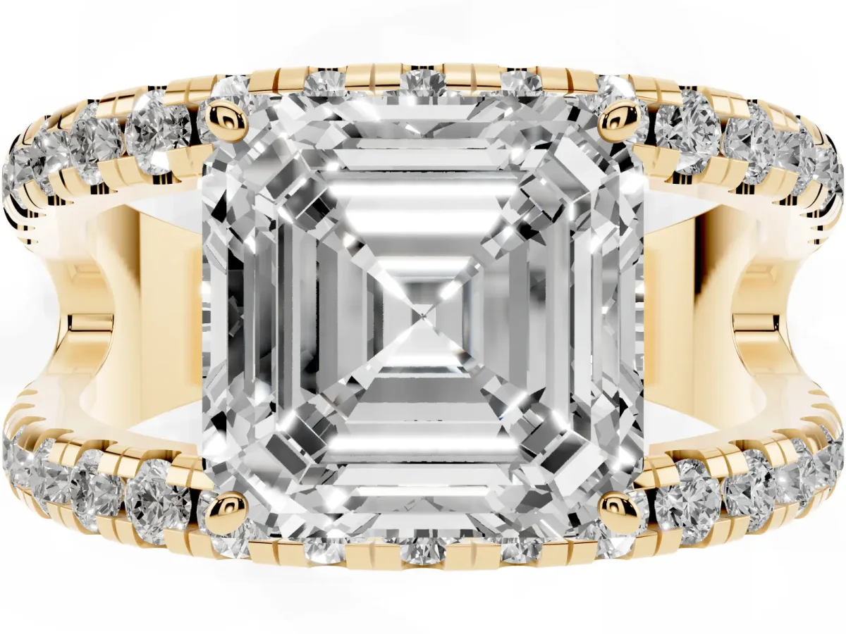 Asscher Cut Solitaire Split Shank Pave Diamond Ring Yellow gold