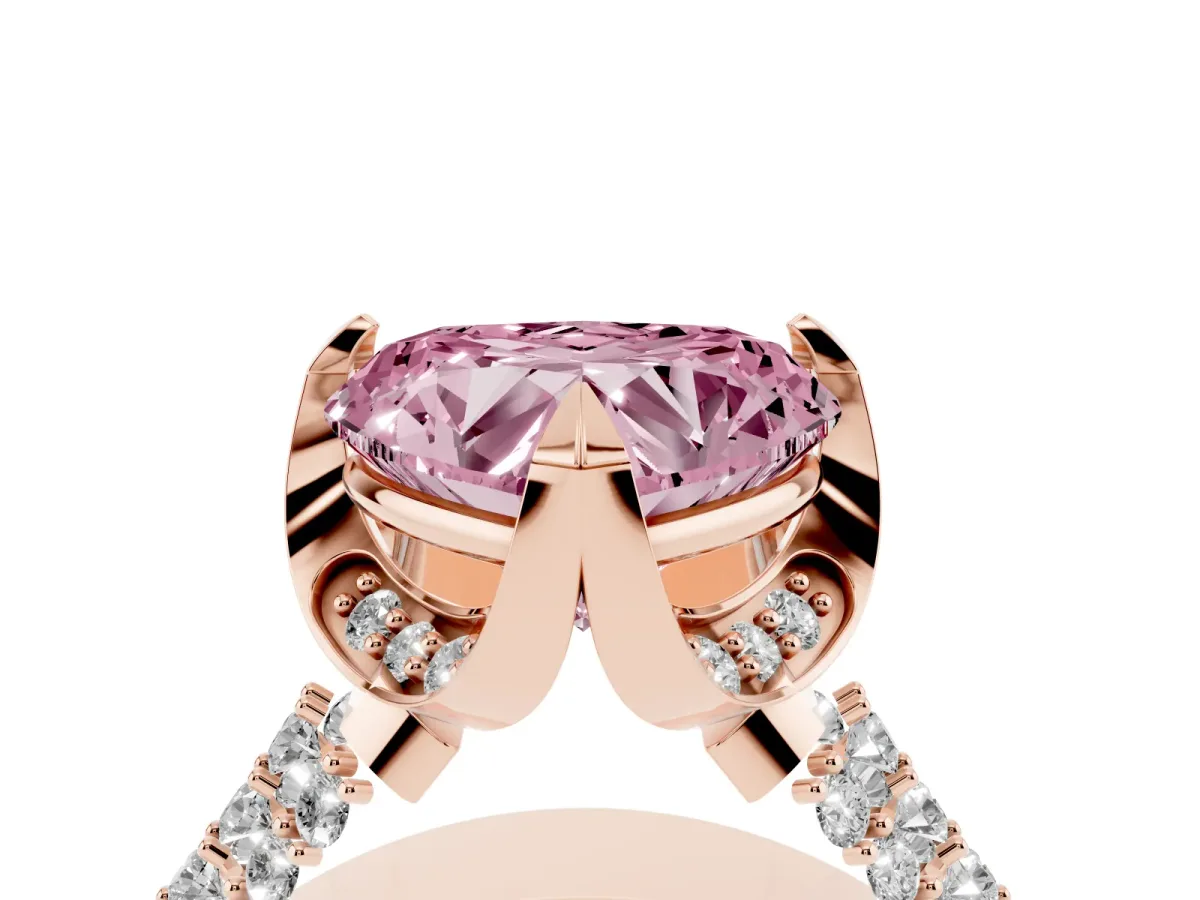 Fancy Pink Heart Cut Solitaire Pave Split Shank Ring with Four-Prong Setting Rose gold