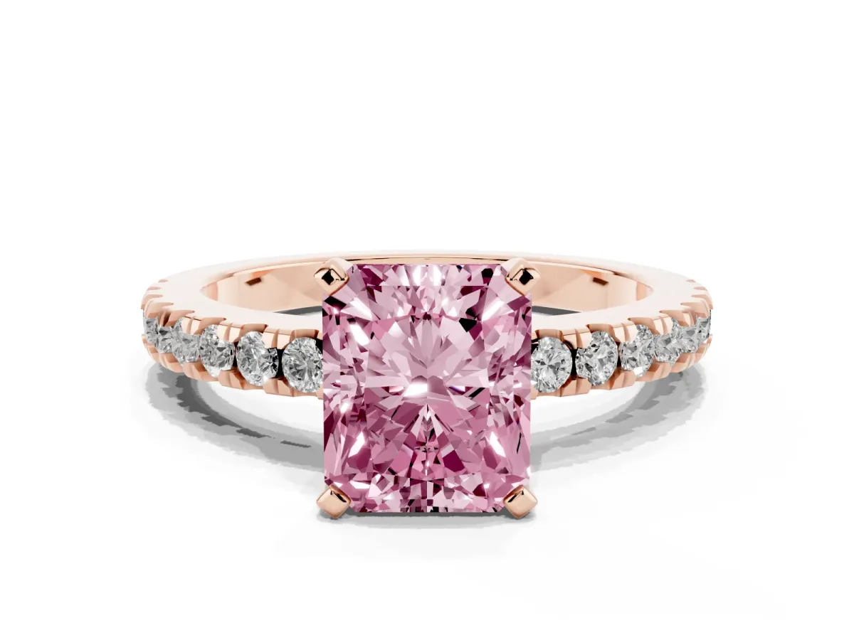 Fancy Pink Radiant Cut Solitaire Diamond with Pavé Band and Four-Prong Setting Rose gold
