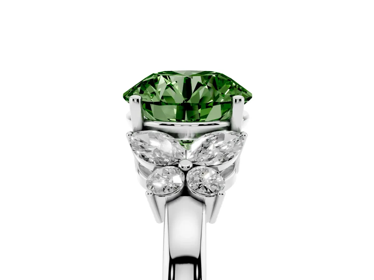 Fancy Green Round Cut Cut Solitaire Floral Diamond Ring with Four-Prong Setting Platinum