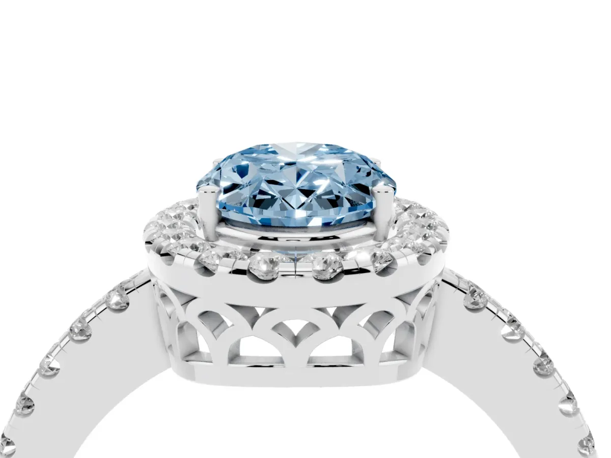 Fancy Blue Oval Cut Halo Diamond Engagement Ring with Pavé Band and Four-Prong Setting White gold