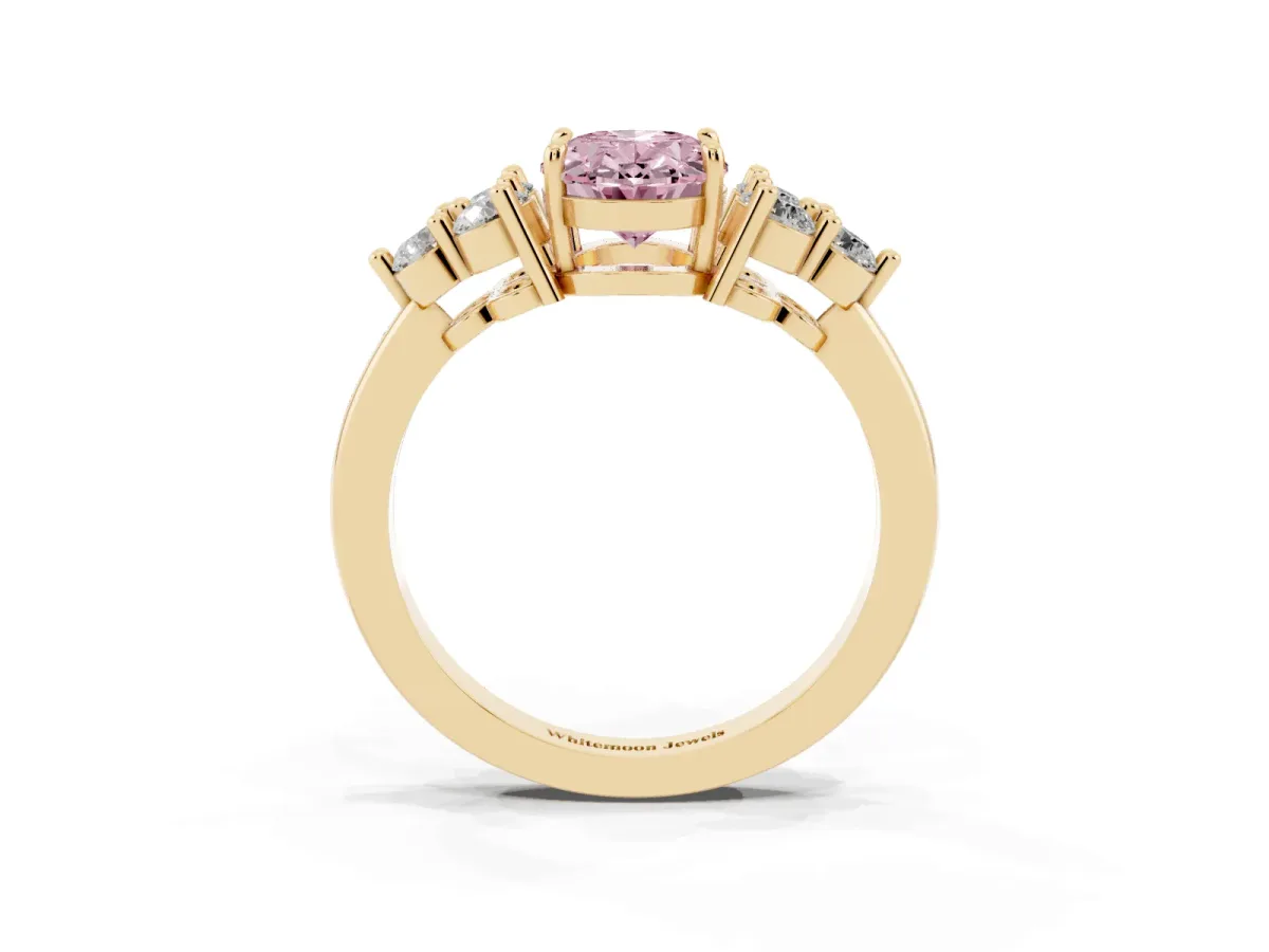 Fancy Pink Oval Cut Brilliant Diamond Cluster Accent Solitaire Ring with Prong Setting Yellow gold