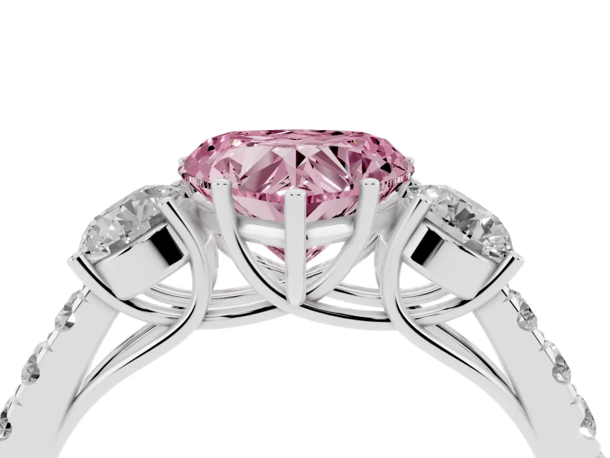 Fancy Pink Heart Cut Cut Diamond Three-Stone Ring with Round Side Stones and Pavé Band Silver