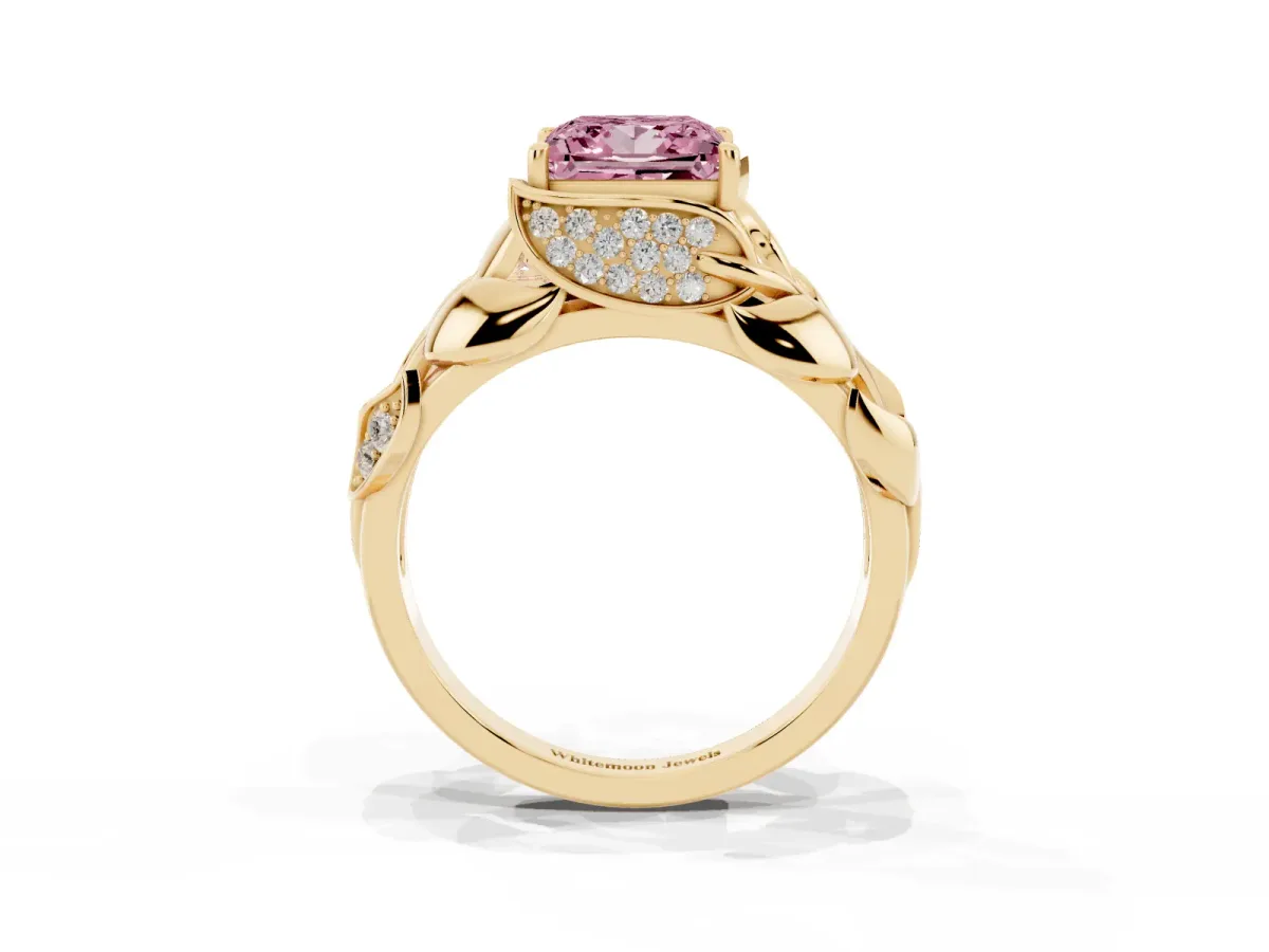 Fancy Pink Princess Cut Diamond Leaf-Inspired Engagement Ring with Round Accents and Prong Setting Yellow gold