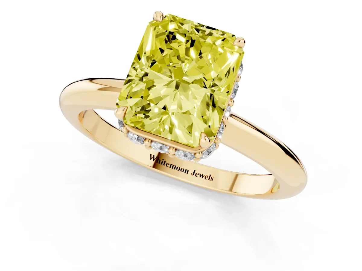 Fancy Yellow Radiant Cut Brilliant Solitaire Engagement Ring with Six-Prong Setting and Classic Band Yellow gold