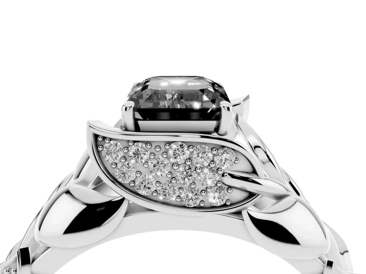 Fancy Black Emerald Cut Diamond Leaf-Inspired Engagement Ring with Round Accents and Prong Setting Silver