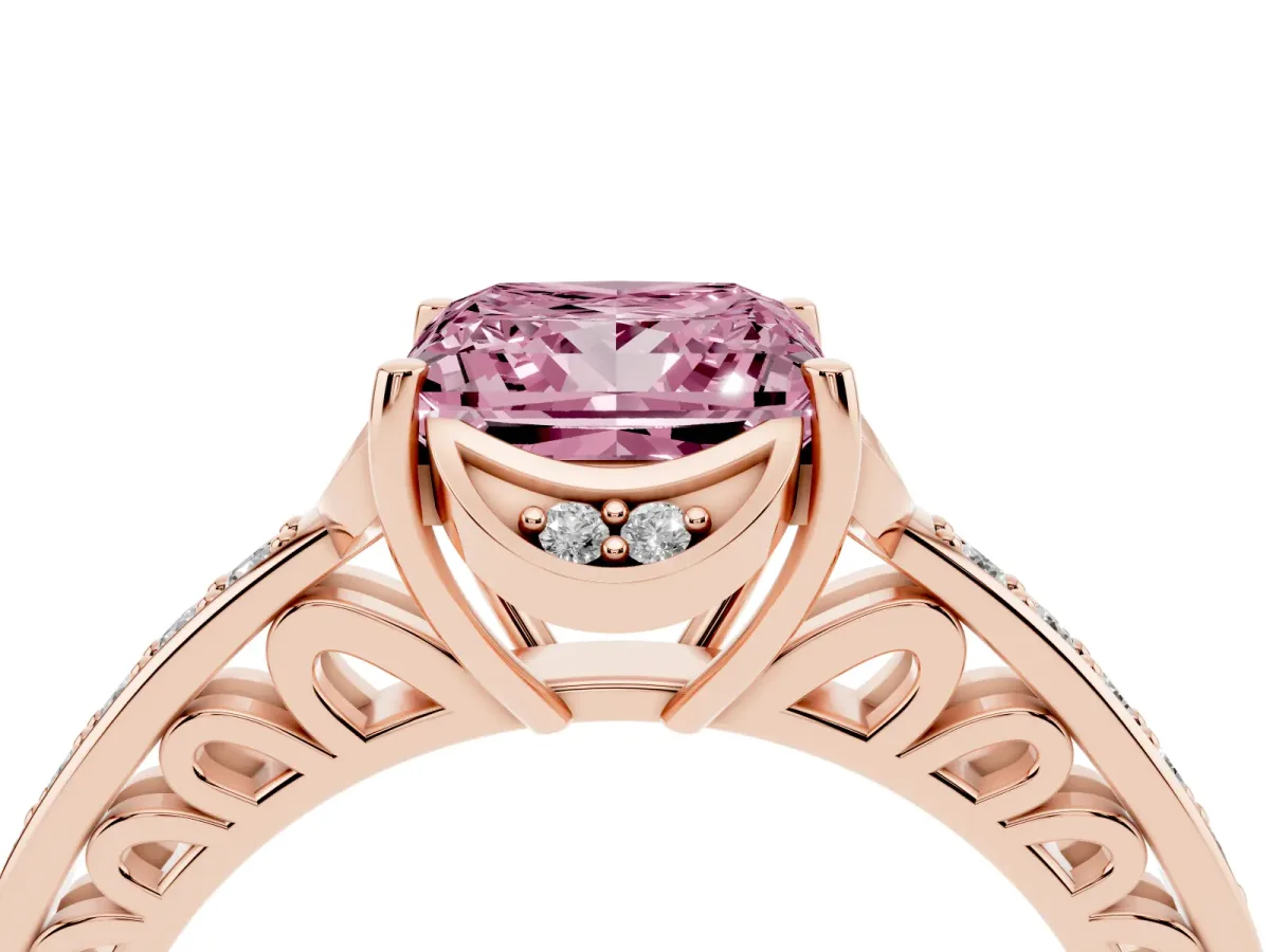 Fancy Pink Princess Cut Cut Halo Diamond Ring with Channel Set Band and Four-Prong Setting Rose gold