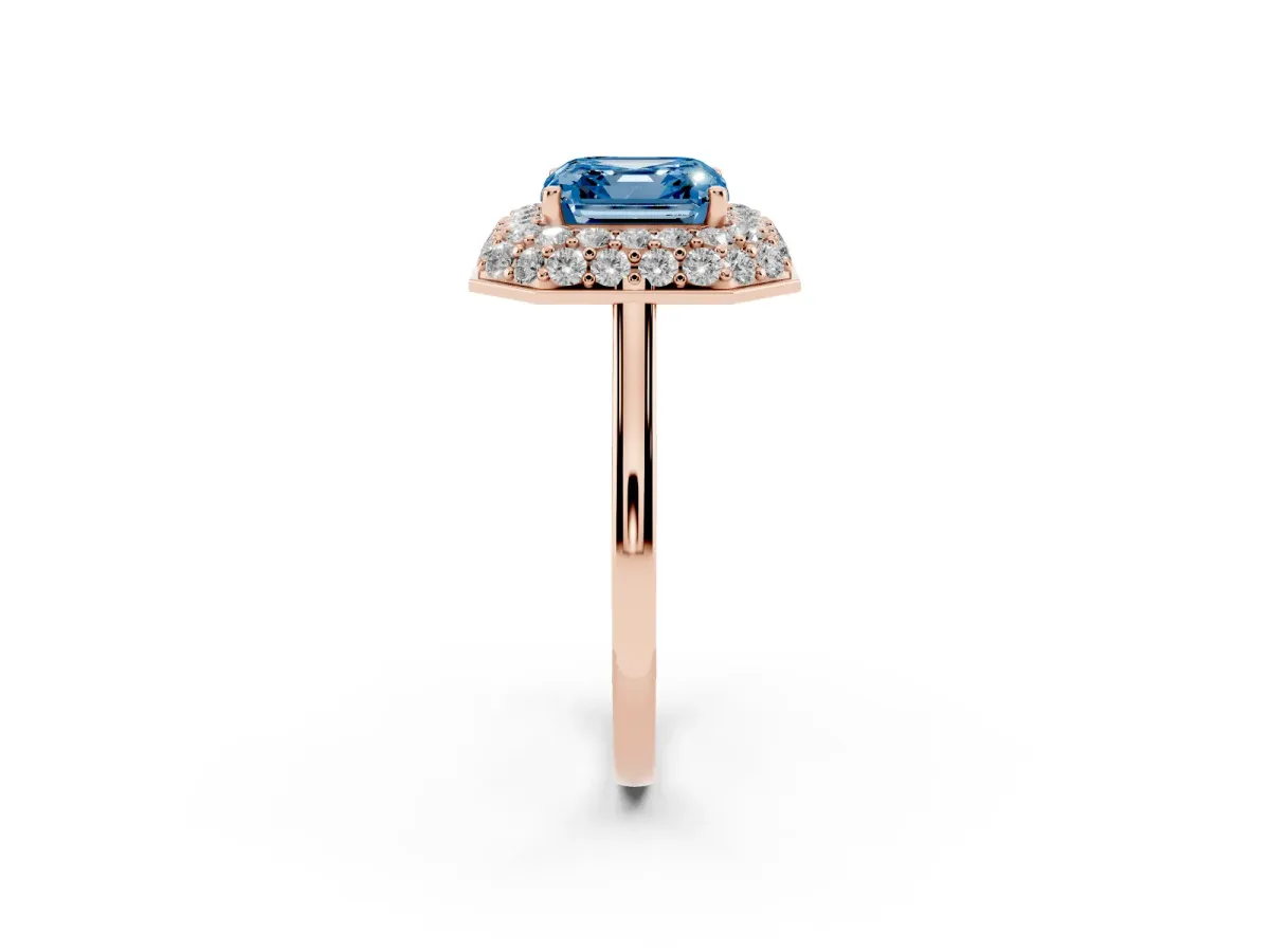 Fancy Blue Asscher Cut Halo Diamond Engagement Ring with Solitaire Band and Four-Prong Setting Rose gold