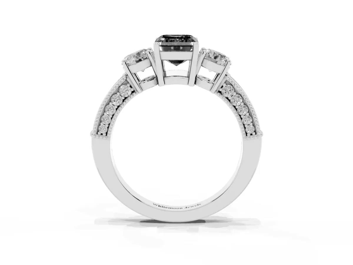 Fancy Black Emerald Cut Three-Stone Diamond Ring with Pavé Band and Four-Prong Setting Silver