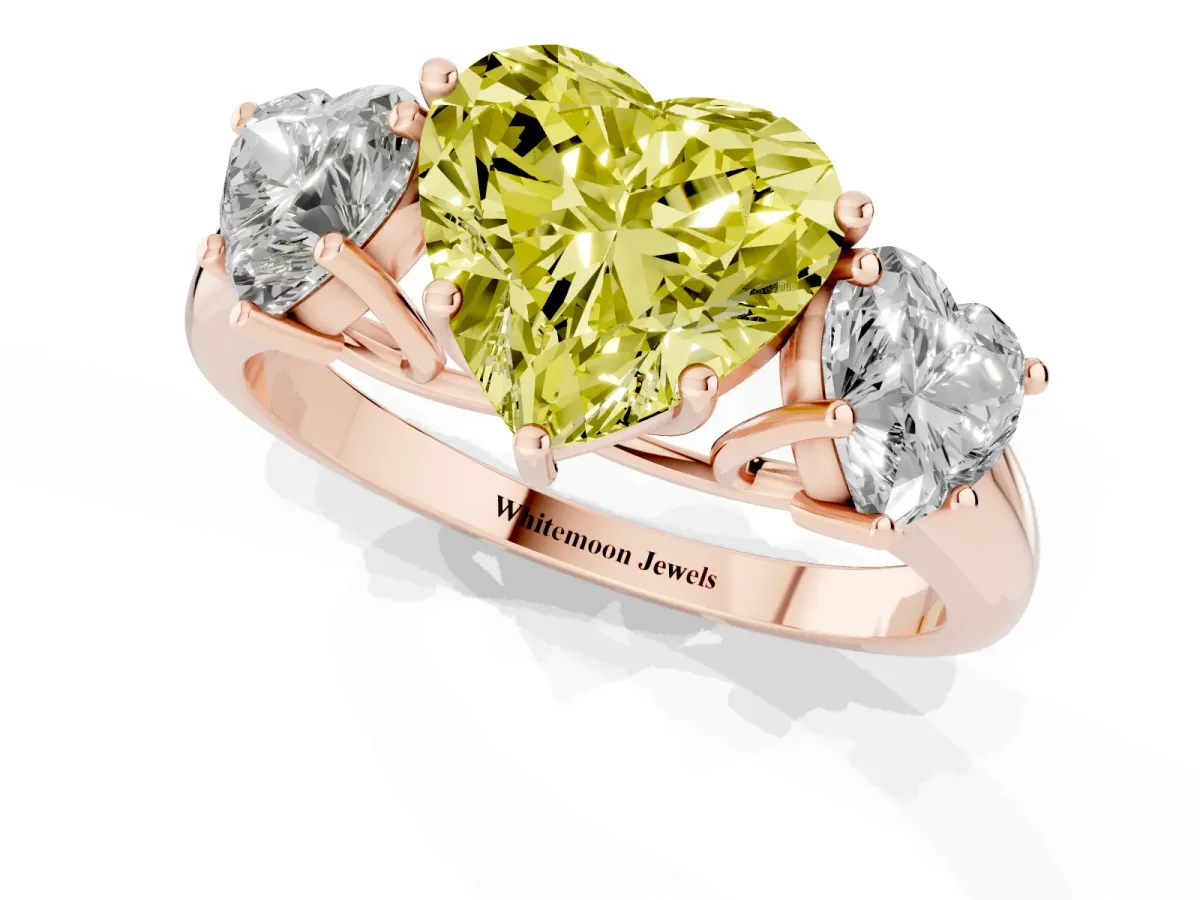 Fancy Yellow Three-Stone Heart Cut Diamond Engagement Ring with Prong Setting Rose gold