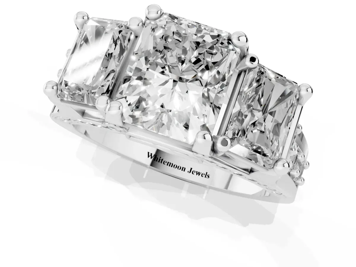 Radiant Cut Diamond Three-Stone Ring with Channel Set Band and Four-Prong Setting Silver
