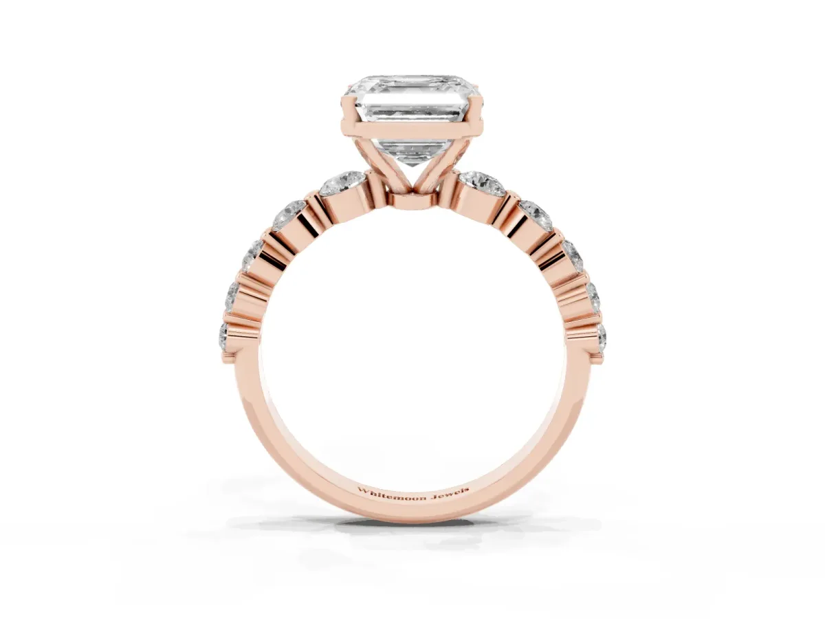Asscher Cut Solitaire Diamond Ring with Pave Band and Four-Prong Setting Rose gold
