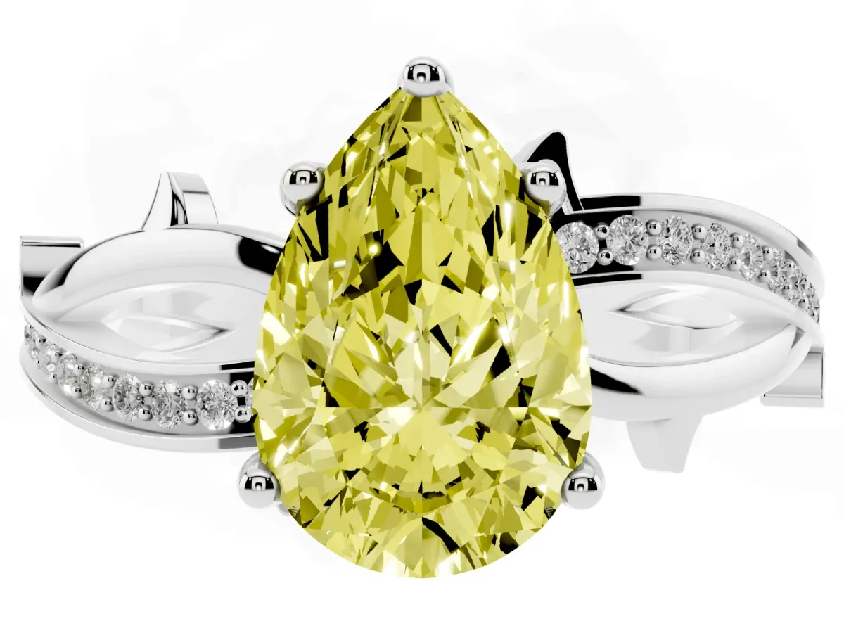 Fancy Yellow Pear Cut Solitaire Twist Band with Pavé Accents and Four-Prong Setting Platinum