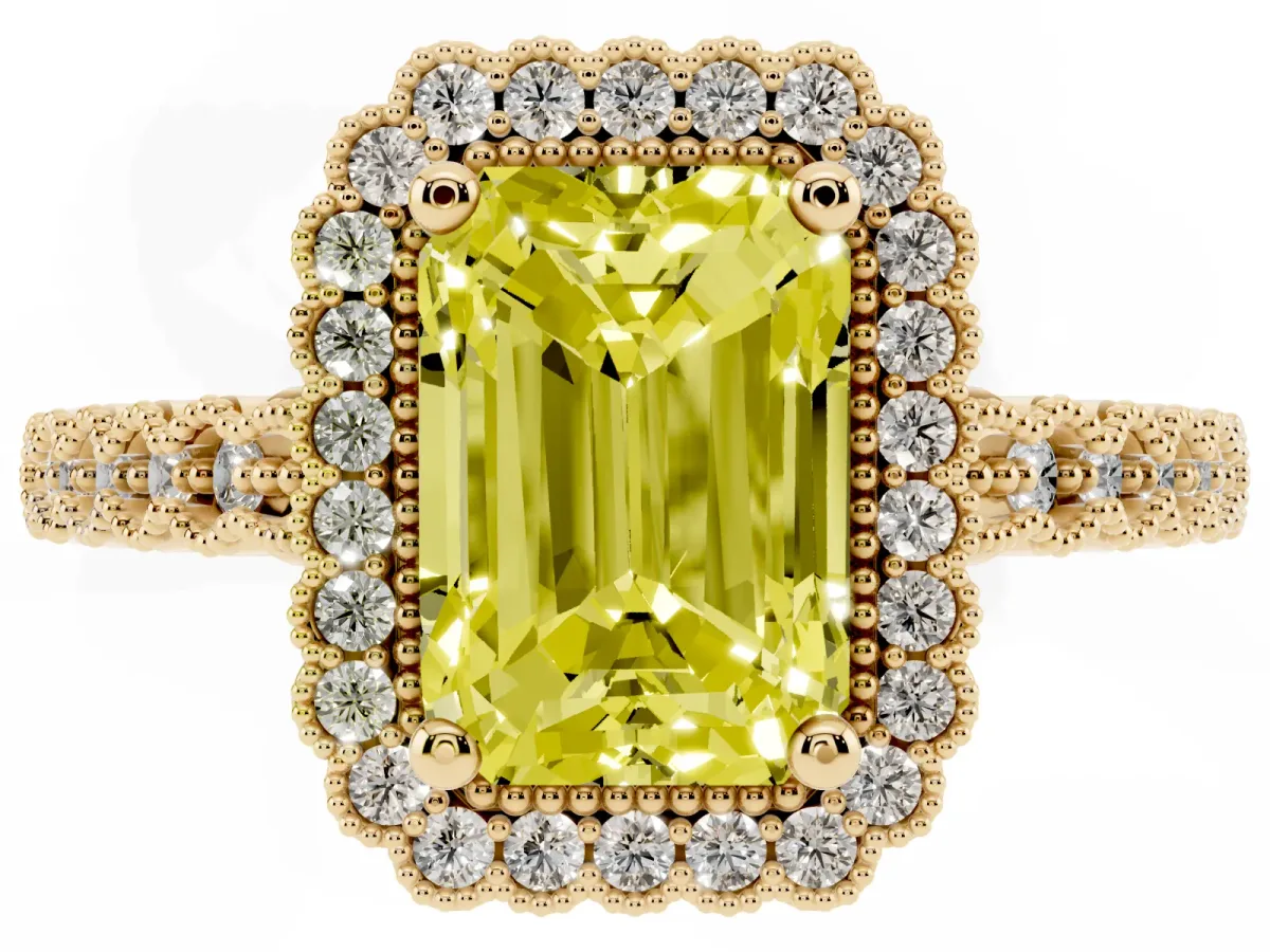 Fancy Yellow Radiant Cut Cut Halo Pavé Solitaire Ring with Milgrain Band Yellow gold