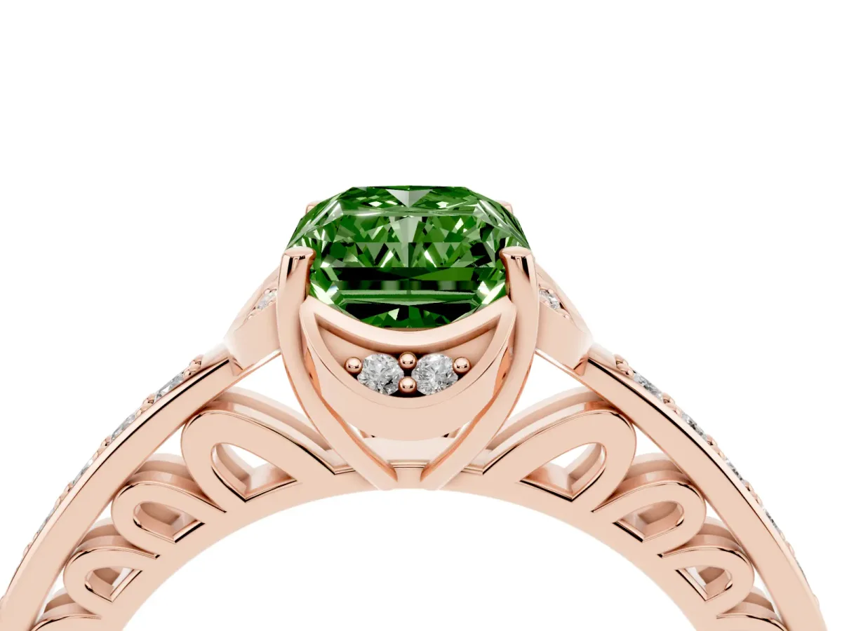 Fancy Green Radiant Cut Cut Halo Diamond Ring with Channel Set Band and Four-Prong Setting Rose gold