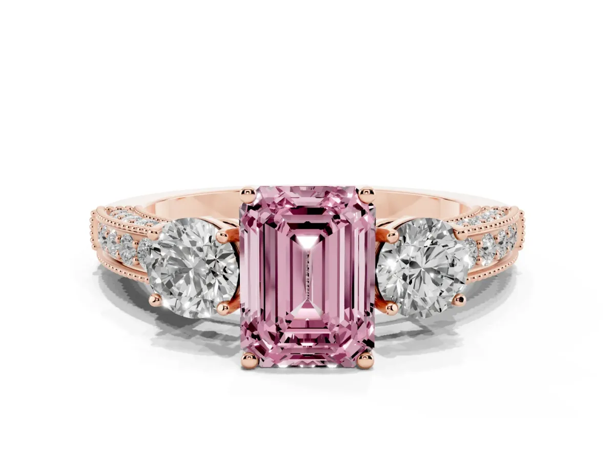 Fancy Pink Emerald Cut Three-Stone Diamond Ring with Pavé Band and Four-Prong Setting Rose gold