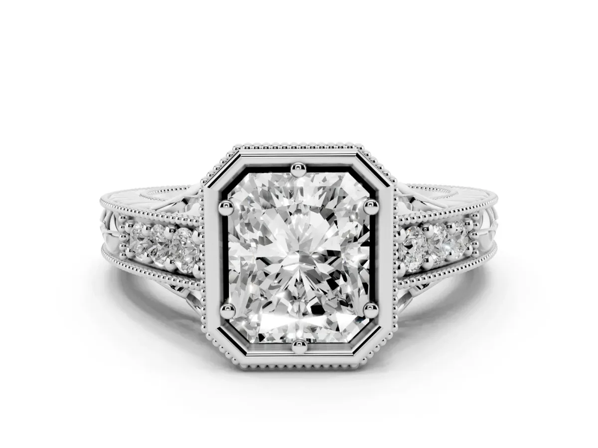 Bezel Set Radiant Cut Diamond Milgrain Pave Engagement Ring Silver
