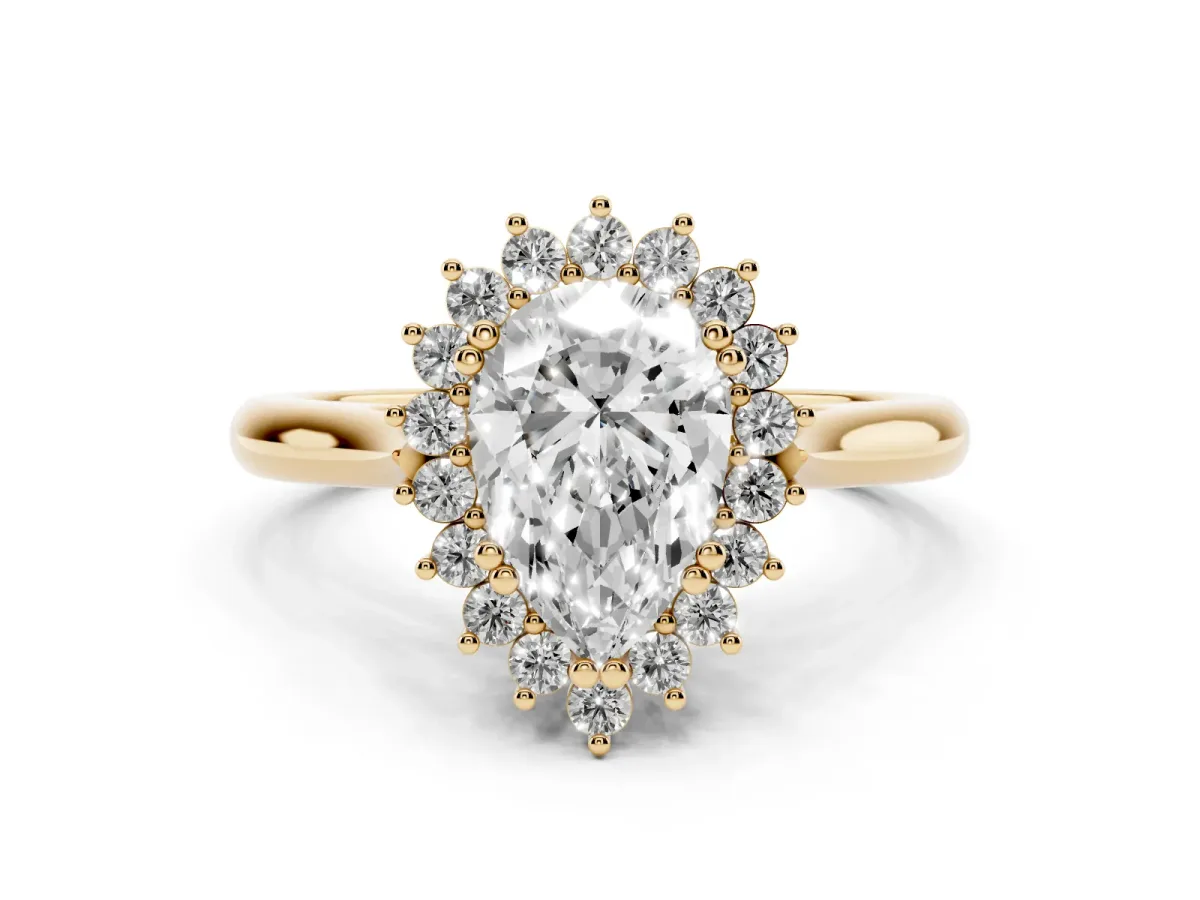 Pear Cut Cut Diamond Halo Ring with Solitaire Band and Prong Setting Yellow gold