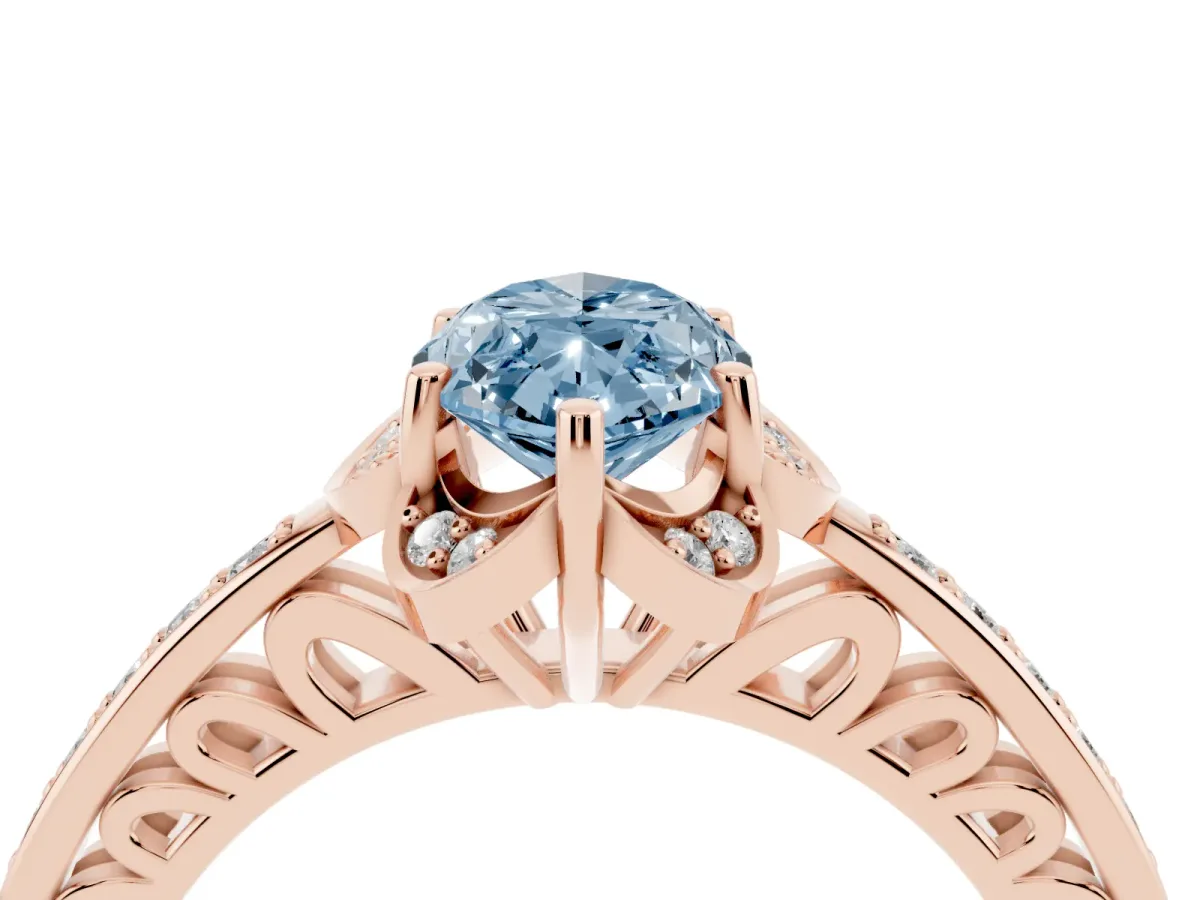 Fancy Blue Marquise Cut Cut Halo Diamond Ring with Channel Set Band and Four-Prong Setting Rose gold