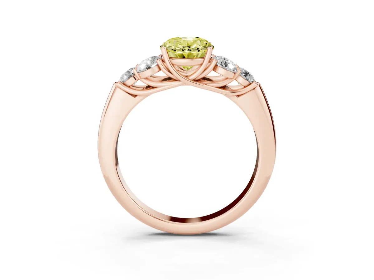 Fancy Yellow Oval Cut Cut Diamond Cluster Ring with Round Accent Stones and Prong Setting on a Classic Band Rose gold