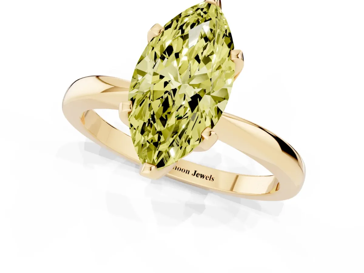 Fancy Yellow Marquise Cut Solitaire Engagement Ring with Six-Prong Setting and Tapered Band Yellow gold