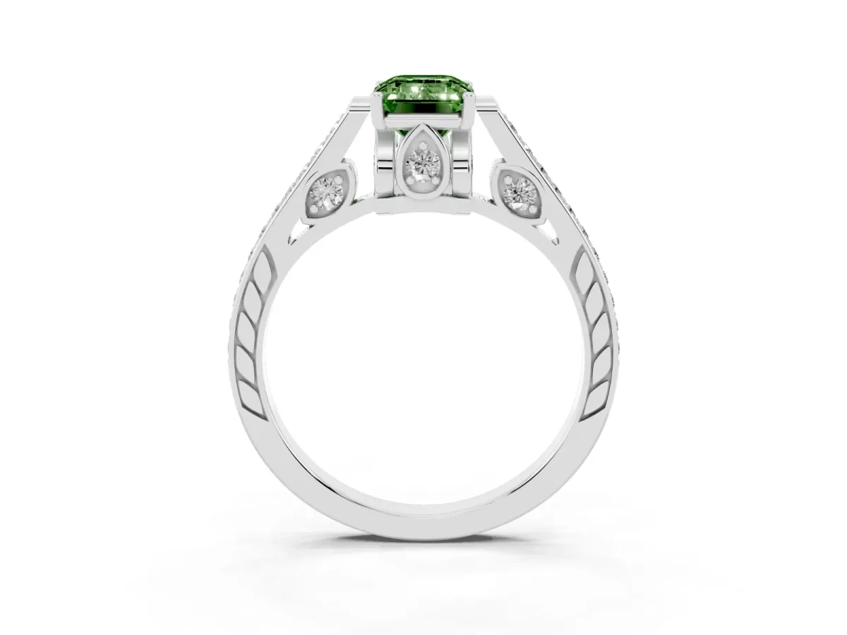 Fancy Green Emerald Cut Cut Cathedral Pave Diamond Engagement Ring with Six-Prong Setting Silver