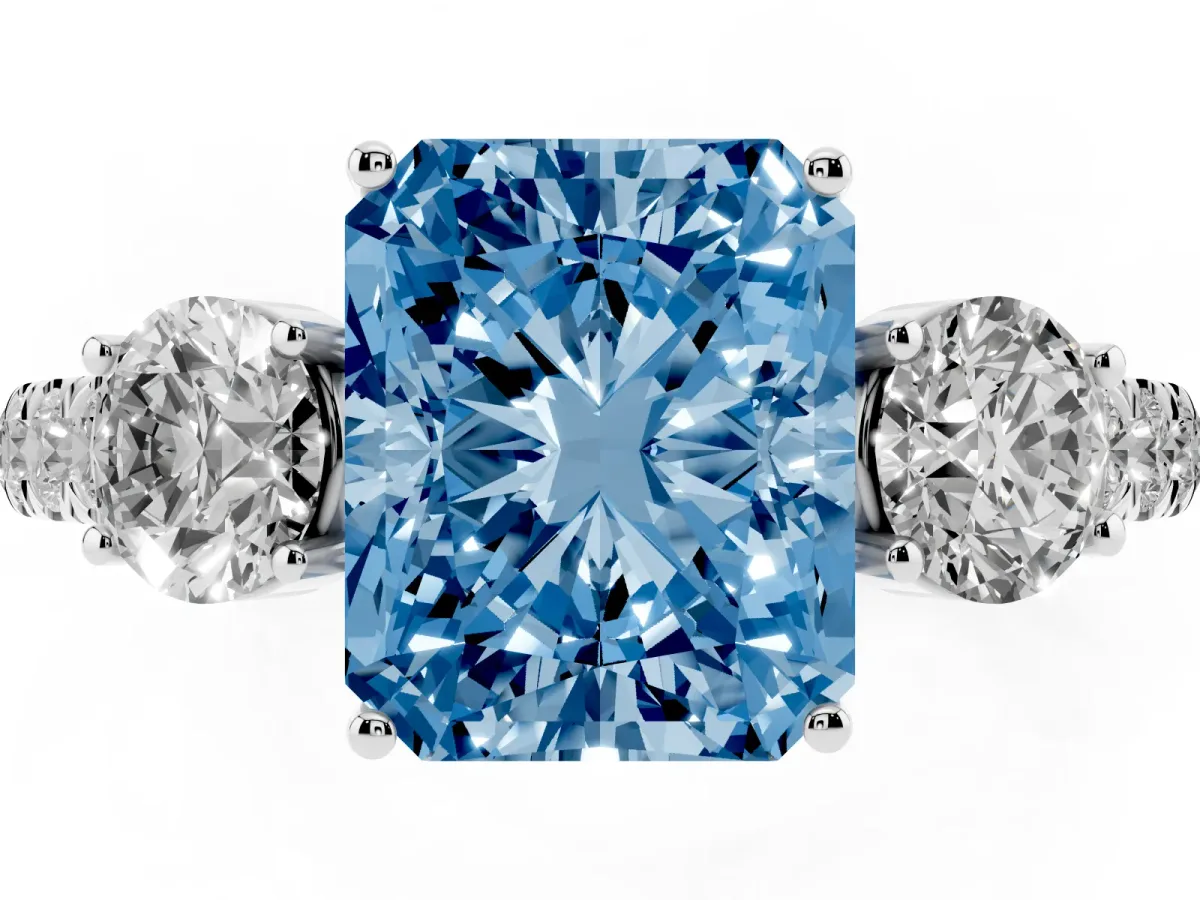 Fancy Blue Radiant Cut Cut Diamond Three-Stone Ring with Round Side Stones and Pavé Band White gold