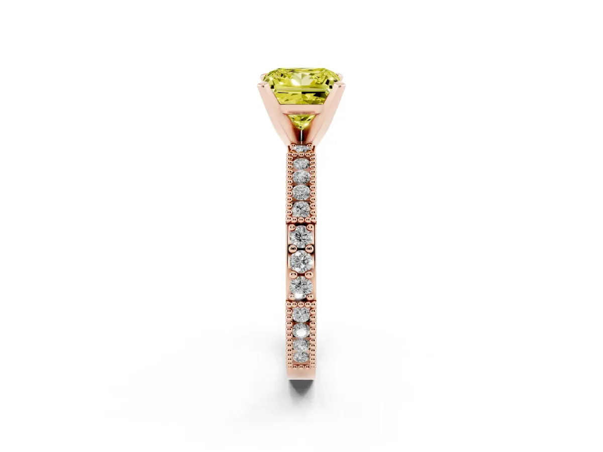 Fancy Yellow Princess Cut Solitaire with Pavé Band and Four-Prong Setting Rose gold