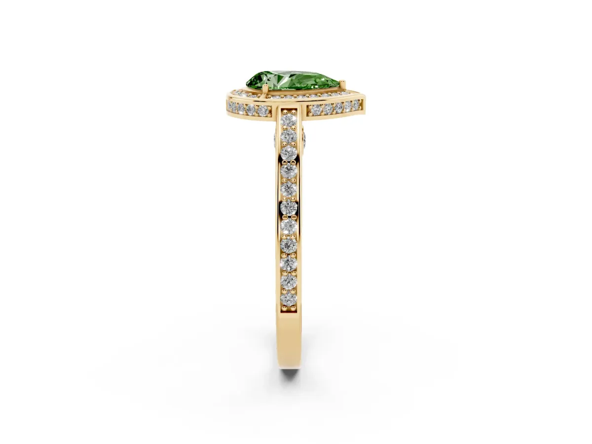 Fancy Green Pear Cut Cut Halo Pave Split Shank Prong Setting Ring Yellow gold