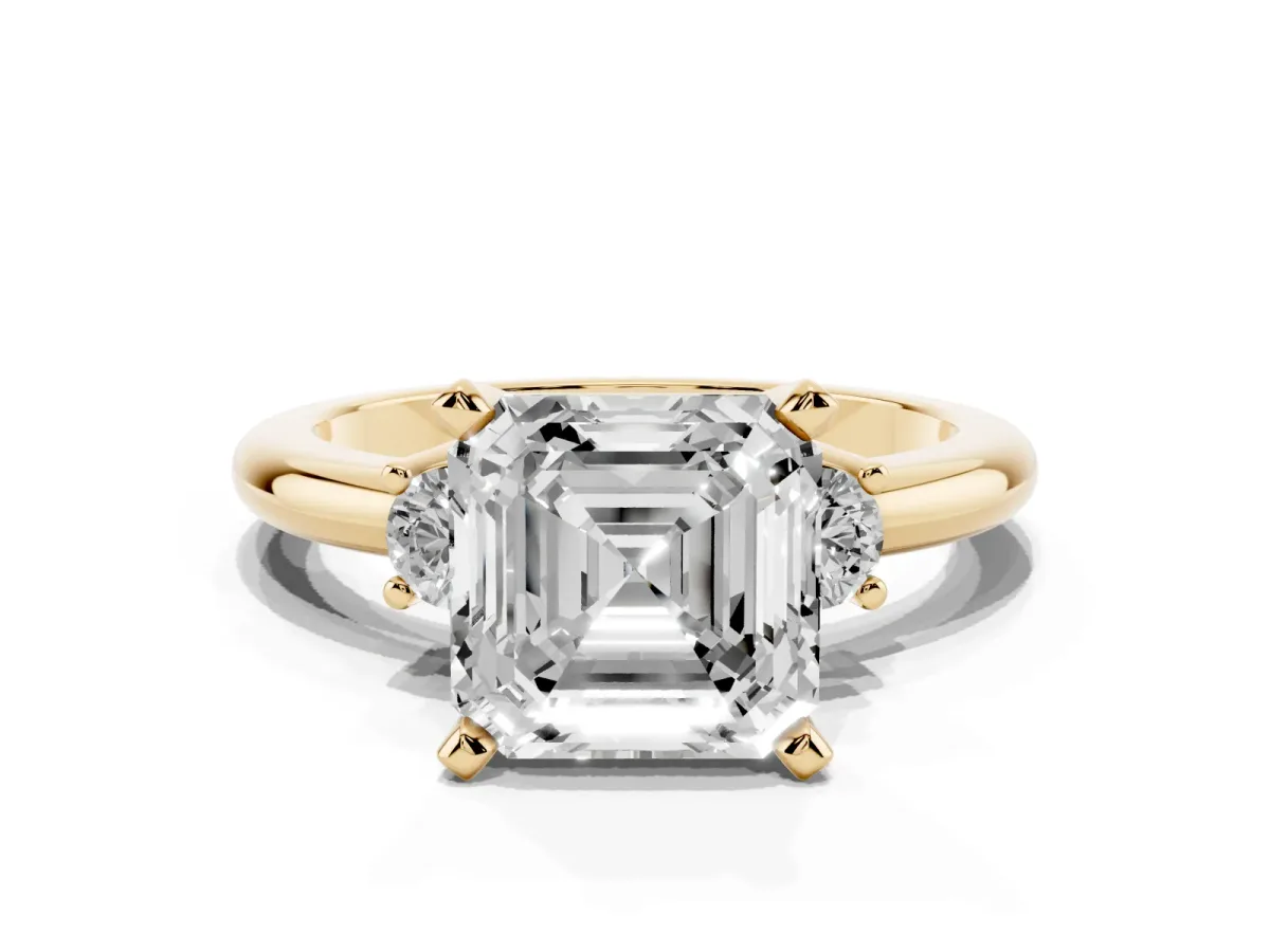 Three-Stone Asscher Cut Cut Diamond Solitaire with Prong Setting and Classic Band Yellow gold