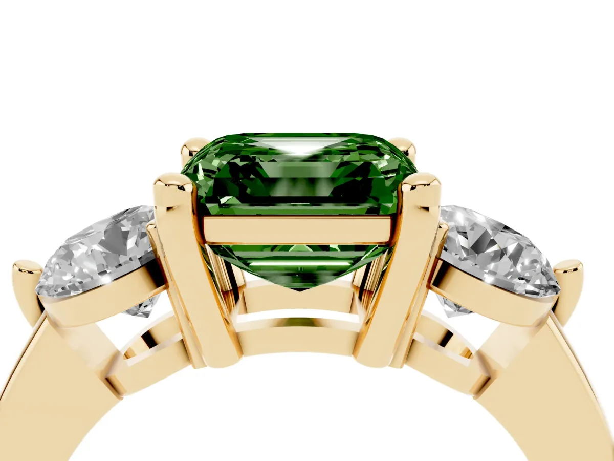 Fancy Green Three-Stone Asscher Cut Brilliant Cut Solitaire Ring with Prong Setting on a Classic Band Yellow gold