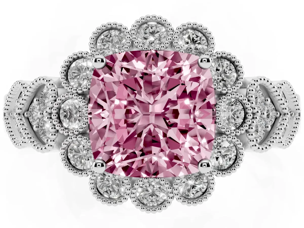 Fancy Pink Cushion Cut Brilliant Milgrain Pave Heart Band Solitaire Ring Silver