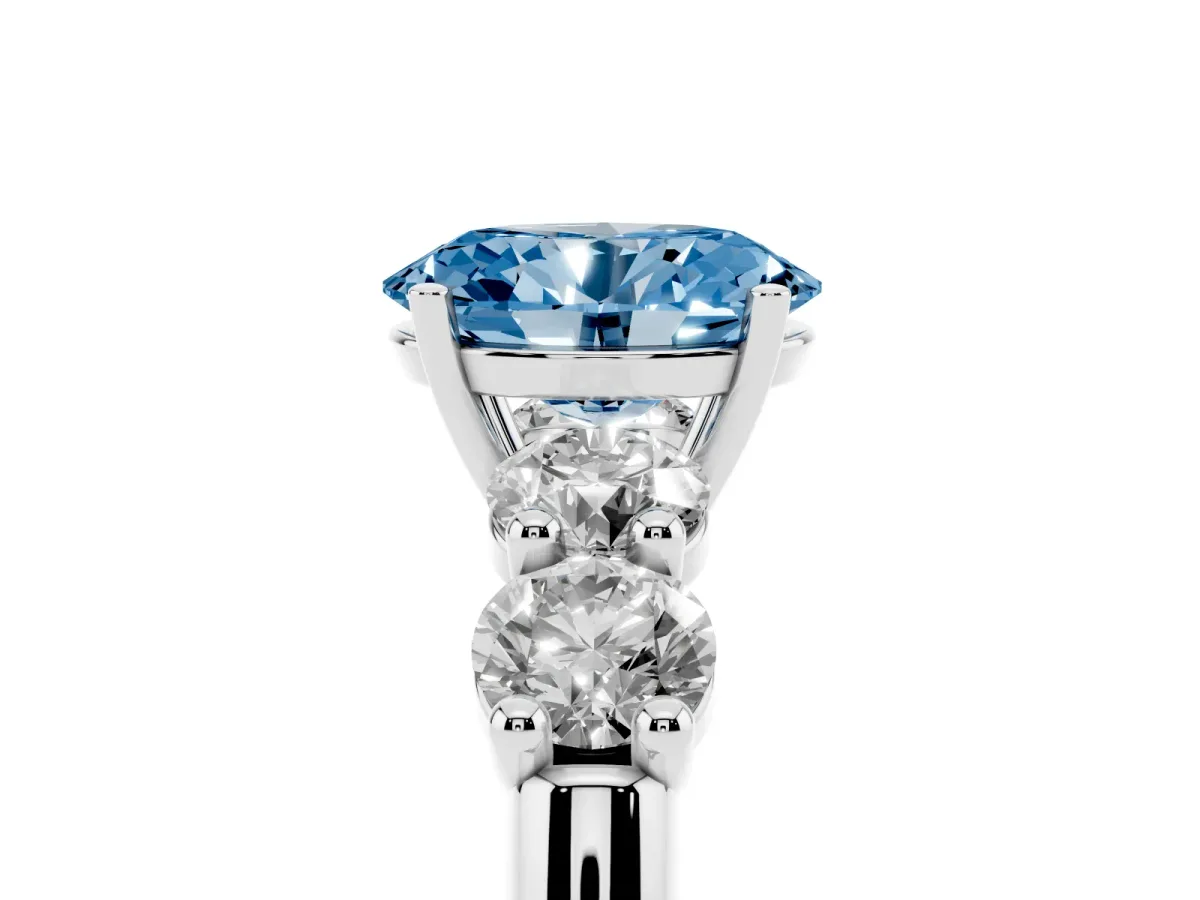 Fancy Blue Oval Cut Cut Five-Stone Prong Set Diamond Ring with Classic Band Silver