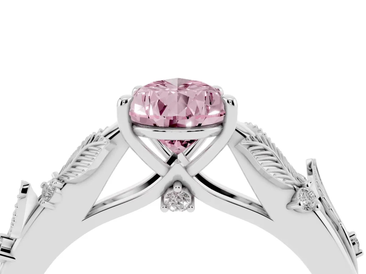 Fancy Pink Pear Cut Diamond Solitaire Ring with Leaf Motif Band and Four-Prong Setting Silver