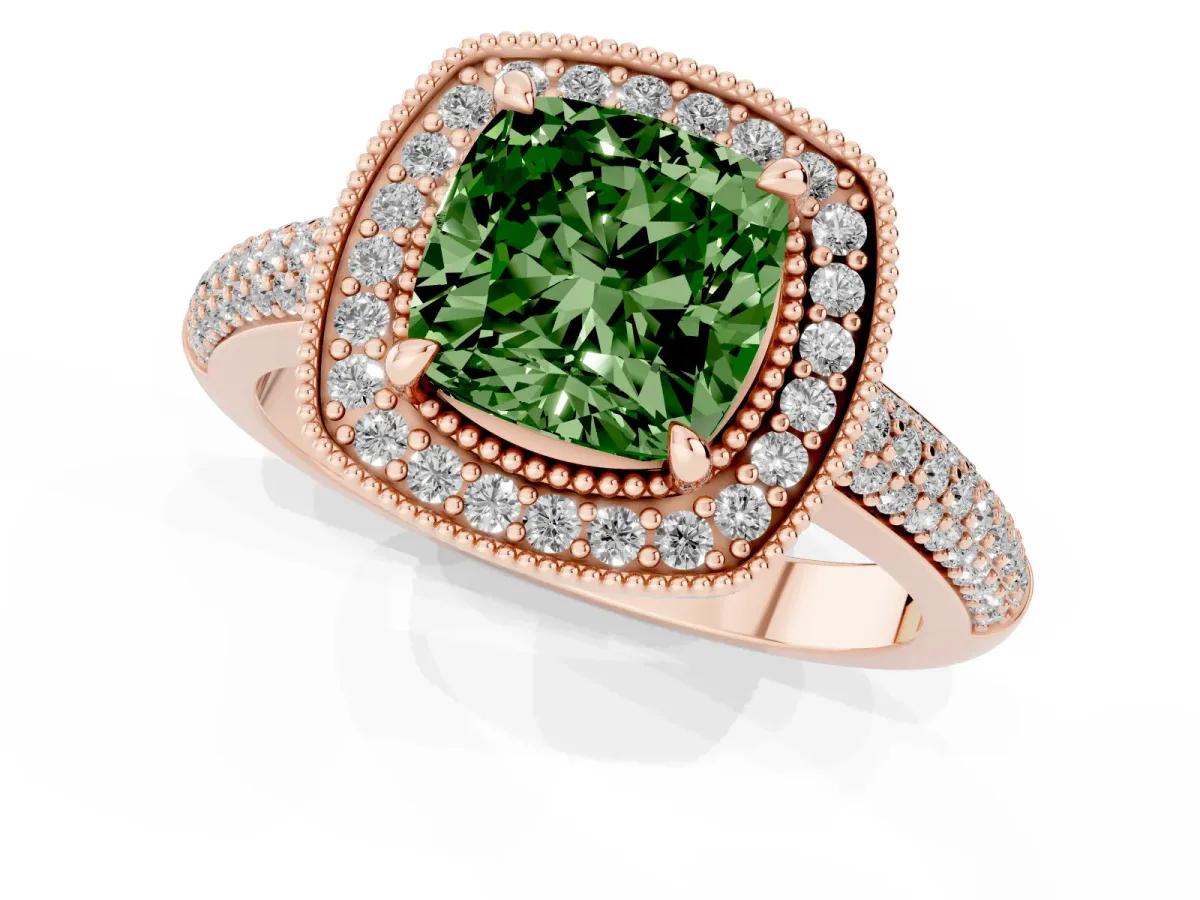 Fancy Green Cushion Cut Cut Halo Diamond Pave Band with Four-Prong Setting Rose gold