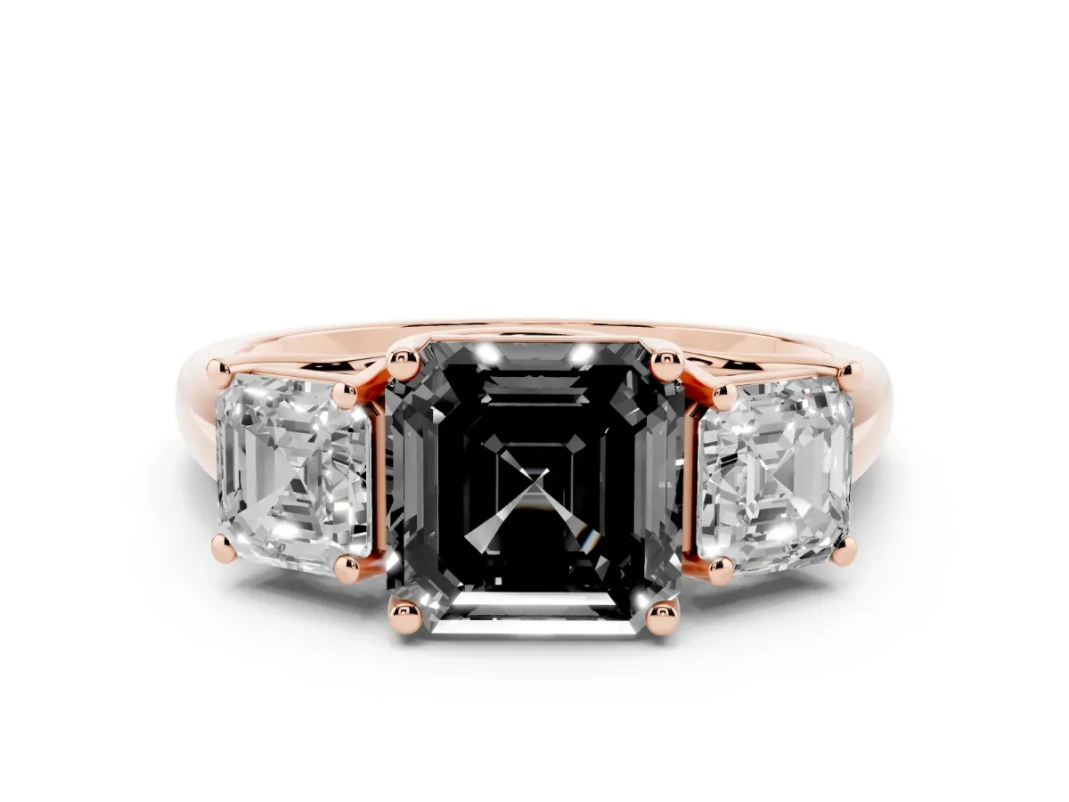 Fancy Black Three-Stone Asscher Cut Diamond Engagement Ring with Prong Setting Rose gold