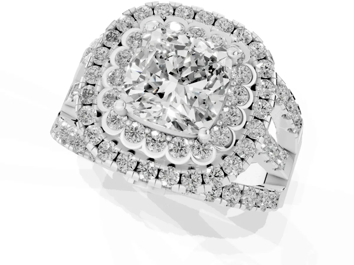 Cushion Cut Diamond Double Halo Ring with Round Pavé Split Shank and Prong Setting Silver