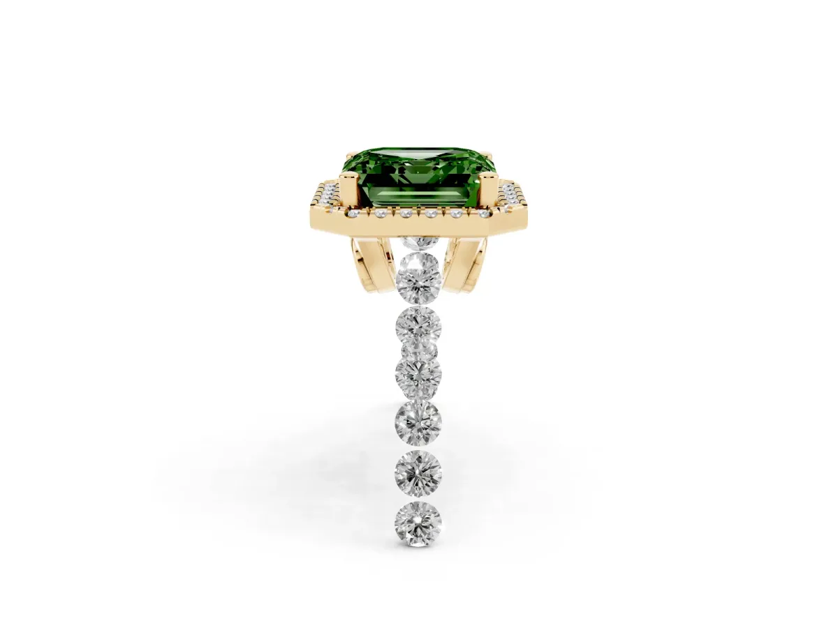 Fancy Green Asscher Cut Halo Pavé Diamond Engagement Ring with Four-Prong Setting Yellow gold