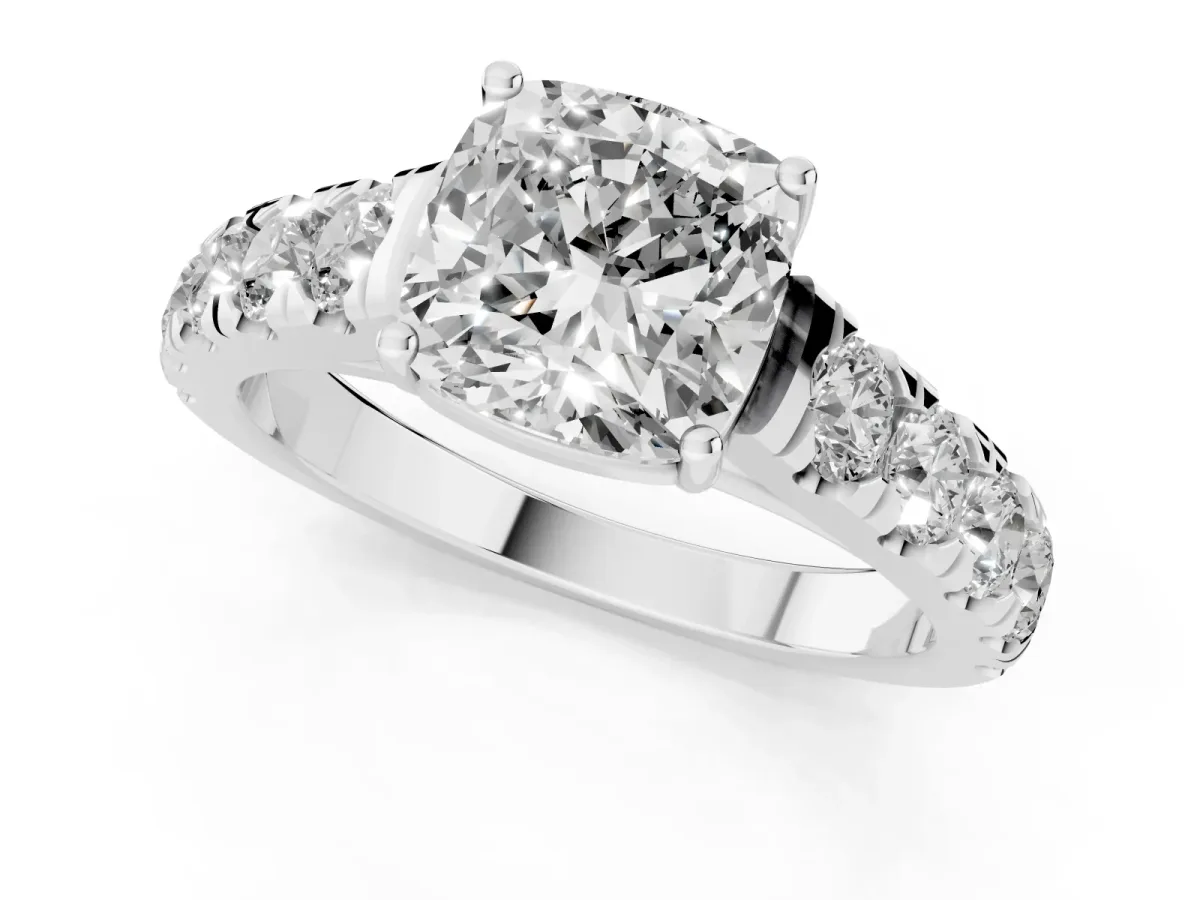Cushion Cut Cut Diamond Solitaire Ring with Micro Pave Band and Prong Setting Platinum