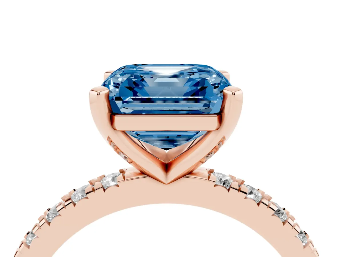 Fancy Blue Asscher Cut Diamond Pavé Band Solitaire with Four-Prong Setting Rose gold