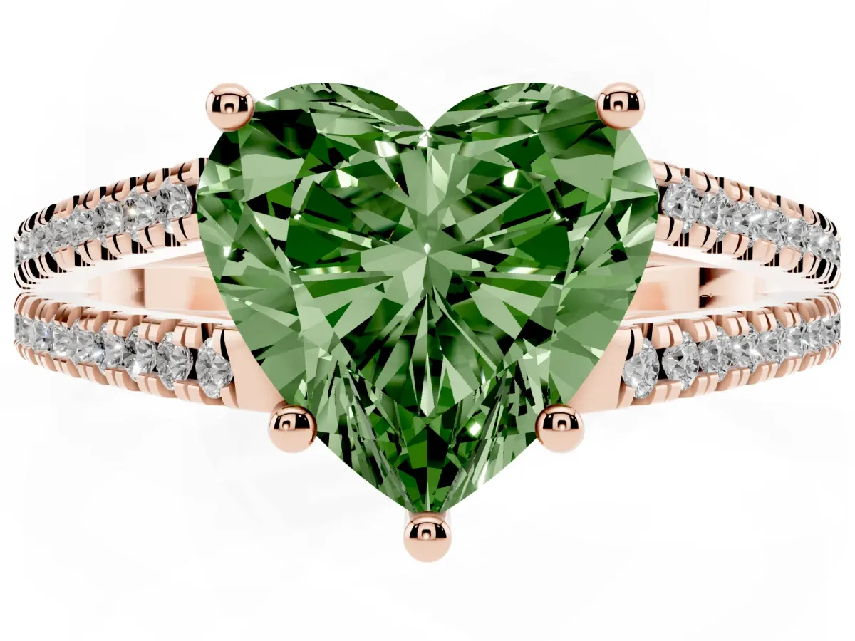 Fancy Green Heart Cut Diamond Solitaire Engagement Ring with Split Shank Pavé Band Rose gold