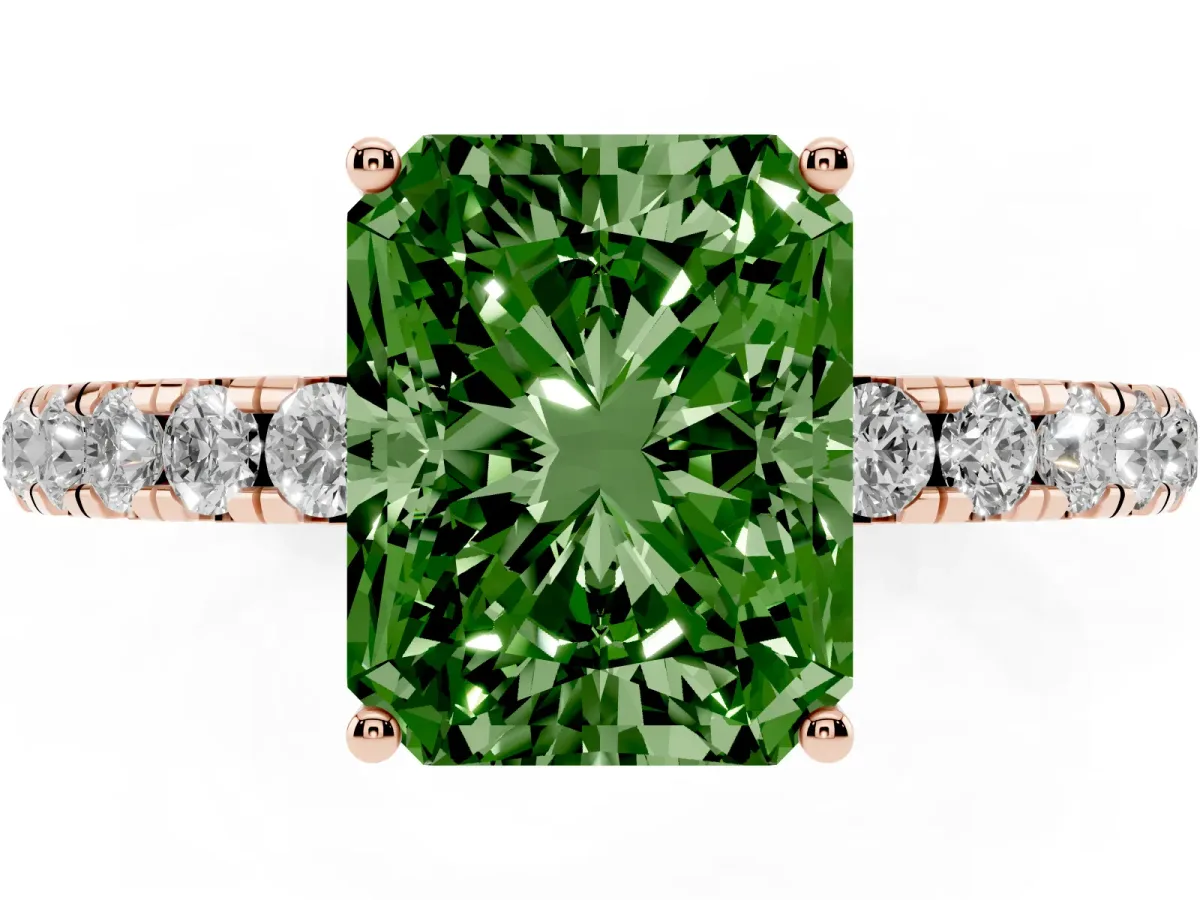 Fancy Green Radiant Cut Diamond Pavé Solitaire Engagement Ring with Four-Prong Setting Rose gold