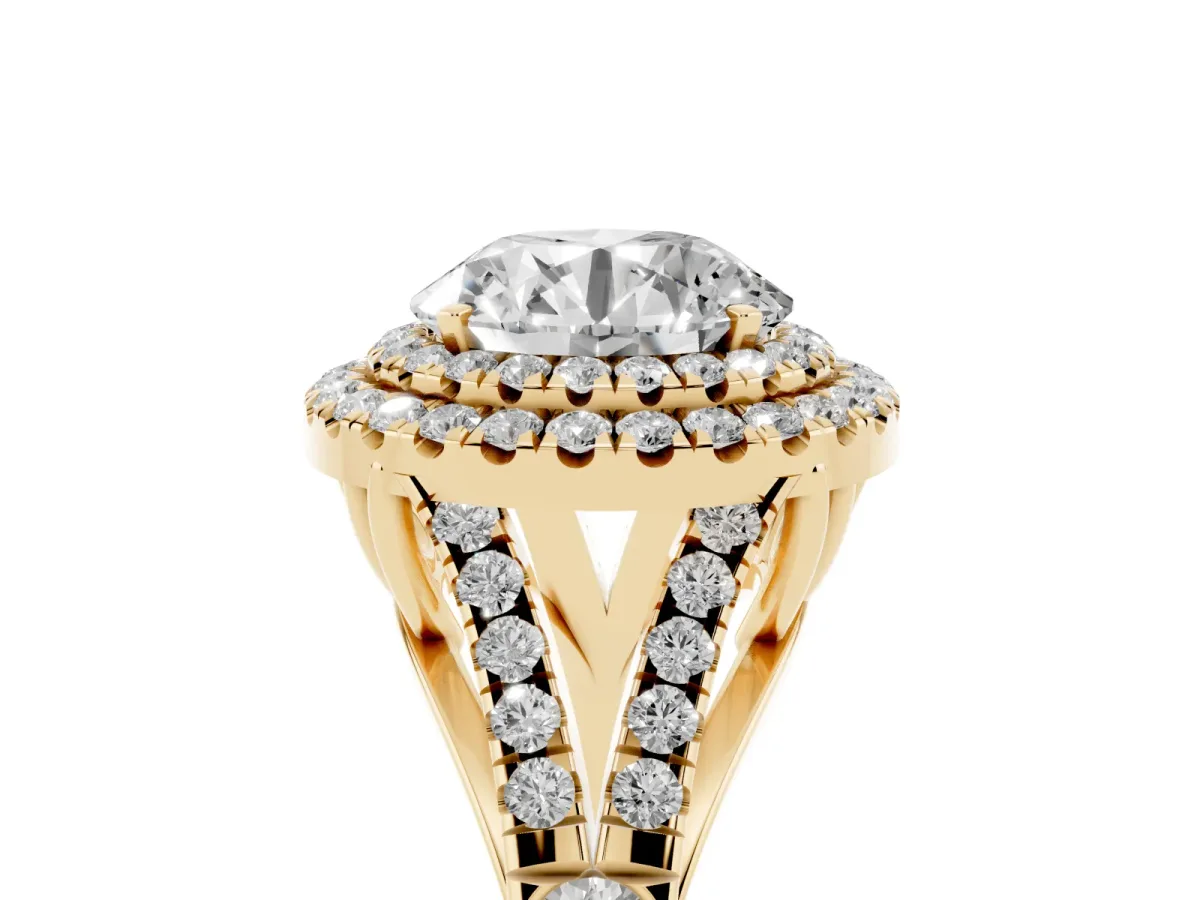 Double Halo Round Cut Diamond Split Shank Engagement Ring with Four-Prong Setting Yellow gold