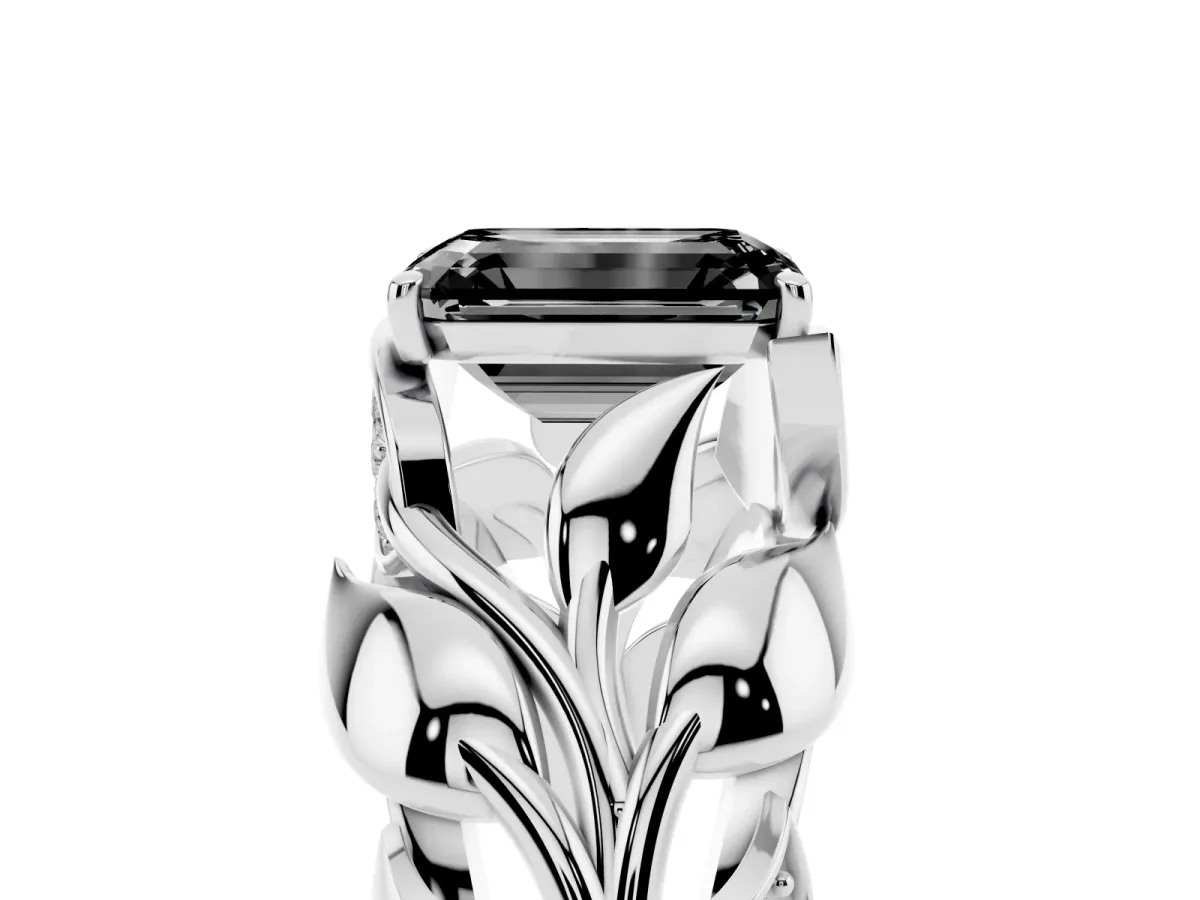 Fancy Black Emerald Cut Diamond Leaf-Inspired Engagement Ring with Round Accents and Prong Setting Silver