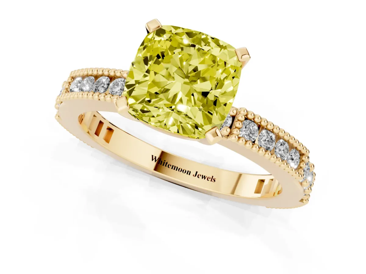 Fancy Yellow Cushion Cut Solitaire with Pavé Band and Four-Prong Setting Yellow gold