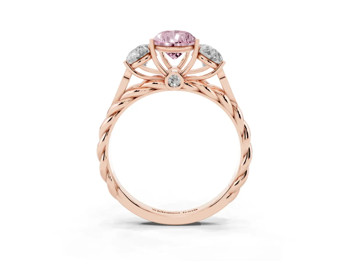 Fancy Pink Three-Stone Pear Cut Diamond Braided Band Ring with Four-Prong Setting Rose gold