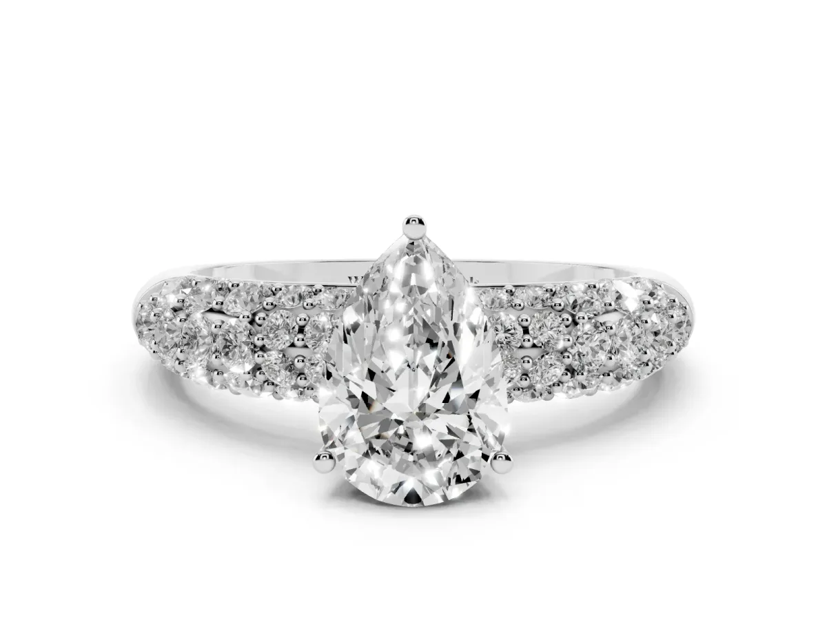 Pear Cut Diamond Pavé Band Solitaire Ring with Four-Prong Setting Silver