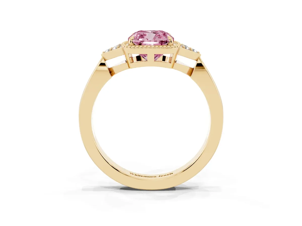 Fancy Pink Cushion Cut Diamond Halo Ring with Tapered Band and Four-Prong Setting Yellow gold